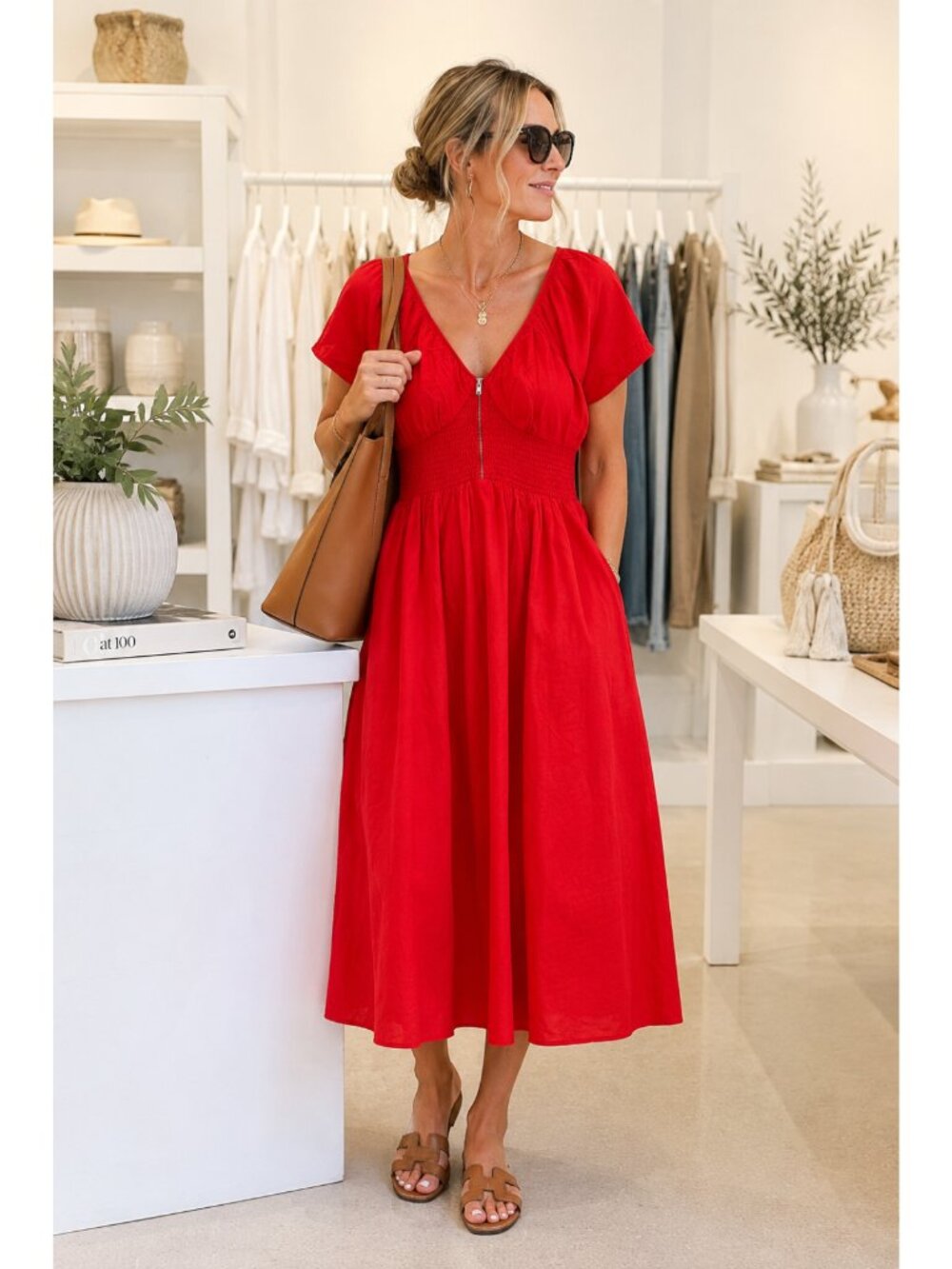 NWT The Drop Red Cotton Smock Elastic Waist Midi Dress Women's Small Zip Front